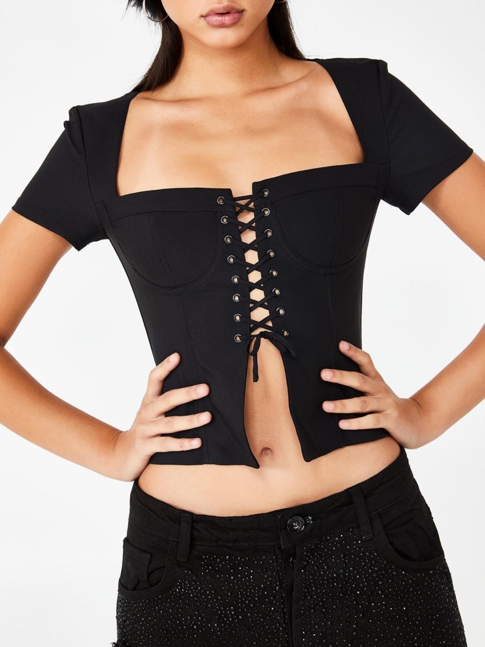 I.AM.GIA Black Lace-Up Bustier Crop Top